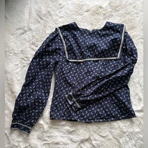 Doen Navy Floral Square-Yoke Long Sleeve Blouse